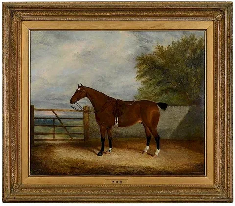 James Clark, A Bay Hunter at a Gate, frame plate "Dun, oil on canvas