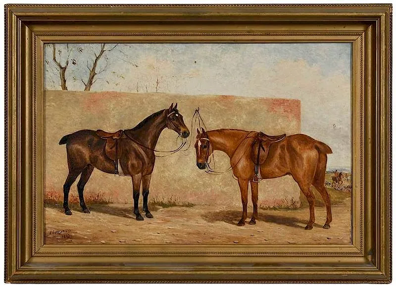 Two Tied Off Hunters by Edward Garraway, oil on canvas, sold May 2019