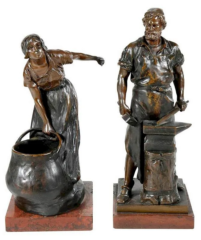 Blacksmith by Wilhelm Albermann, patinated bronzes with red marble bases, sold May 2019