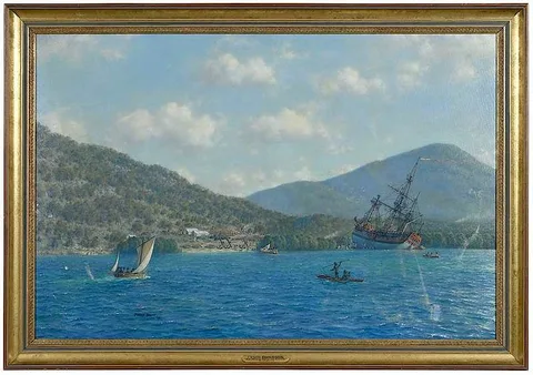 Oswald Longfield Brett, H.M. Bark Endeavour Laid Ashore for Repairs N.E. Australia, 25 June 1770, 1970, oil on canvas