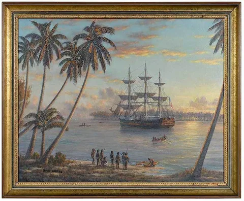 Oswald Longfield Brett, Negotiating the Release of Mr. Harber, Third Mate of The Planter, St. Augustine Island, 23rd August, 1853, oil on canvas