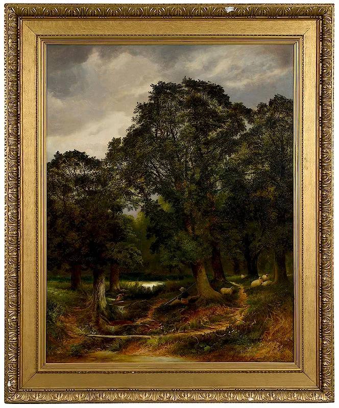 Shepherds Resting By a Woodland Cascade by Arthur Brandish Holte, oil on canvas, sold May 2019