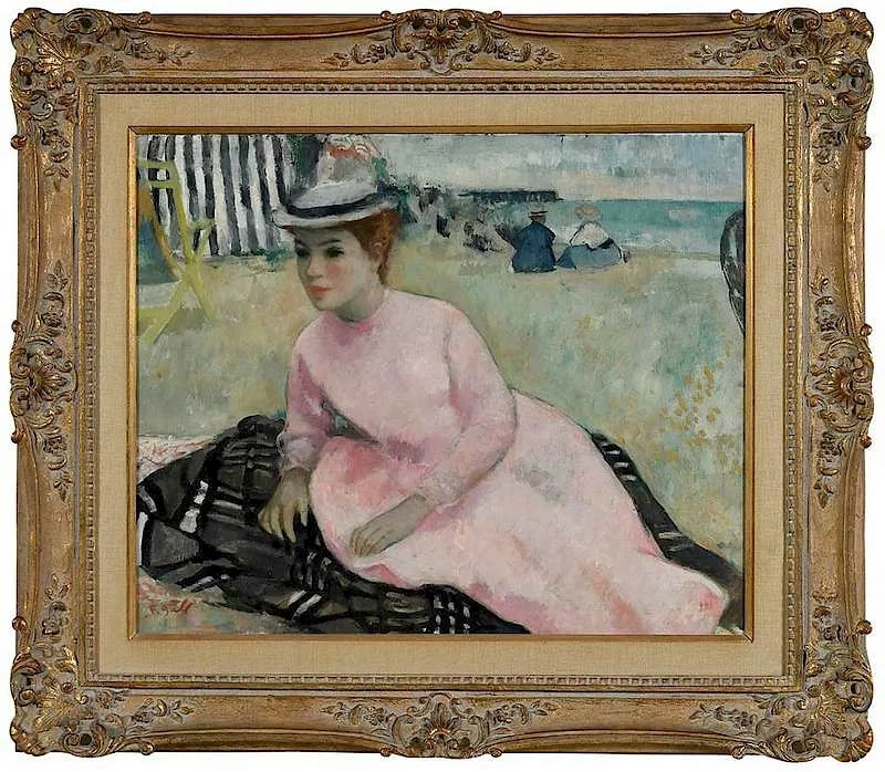 FranÌ¤ois Gall, Jeune femme en rose couchée sur la plage, oil on canvas