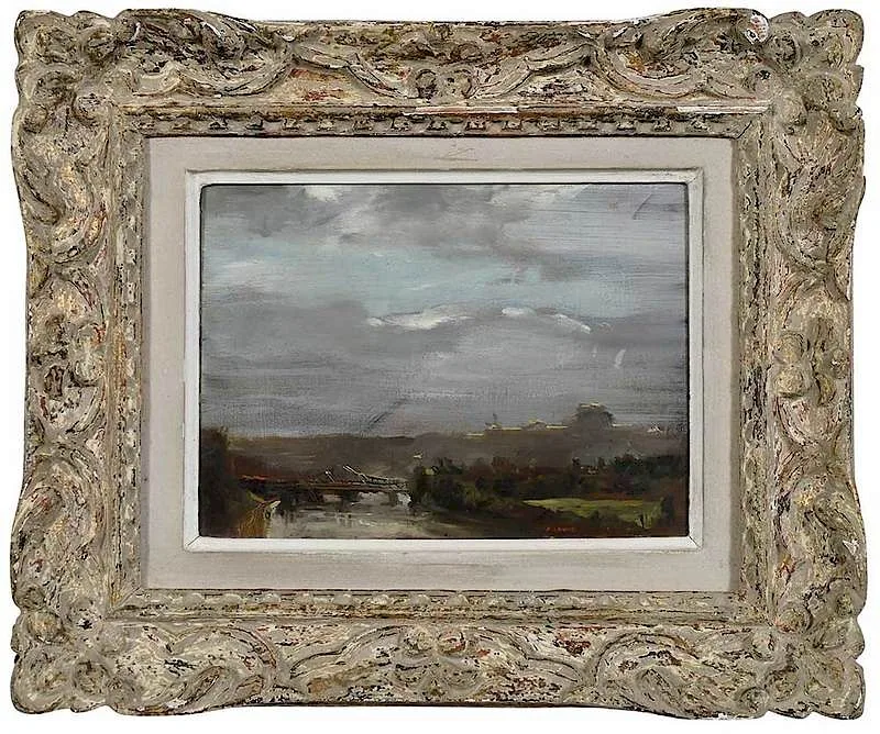 David Levine, The Bridge, c. 1962, oil on cigar box lid