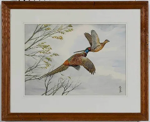 Boris Riab, Pheasant Pair Taking Flight, watercolor on paper