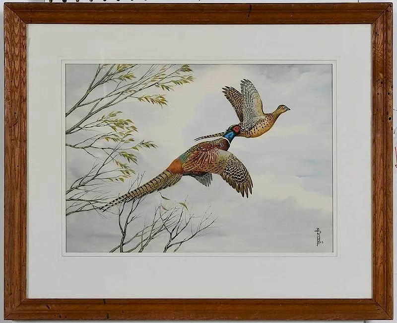 Pheasant Pair Taking Flight by Boris Riab, watercolor on paper, sold May 2019