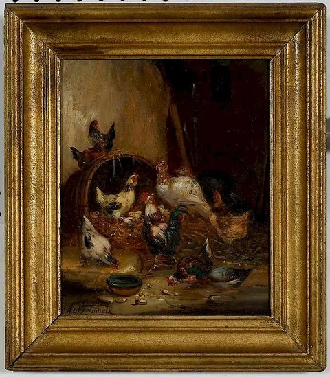 Claude Guilleminet, Chickens and Turkeys in a Barn, oil on canvas