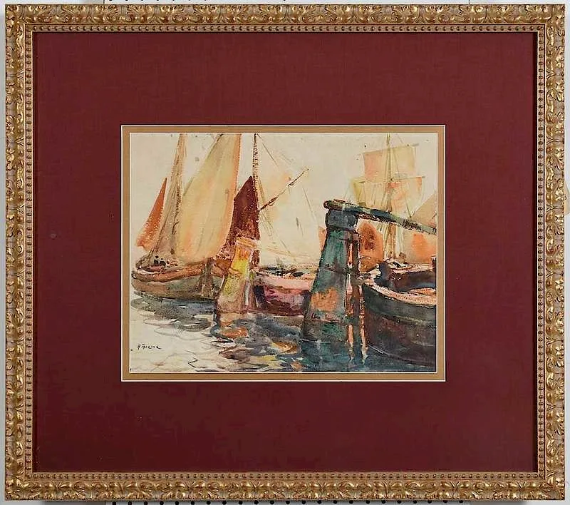 Boats in Harbor by Anthony Thieme, watercolor on paper, sold May 2019