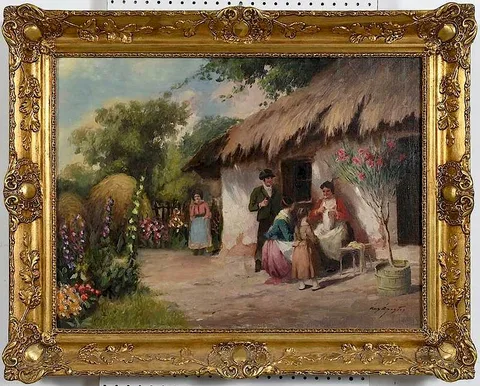 Acs Agostan, Sewing Outside The Cottage, oil on canvas