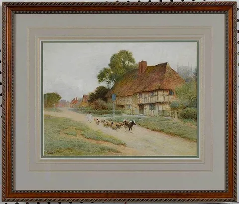 Arthur Claude Strachan, Shepherd Herding Cattle Down a Road, watercolor on paper