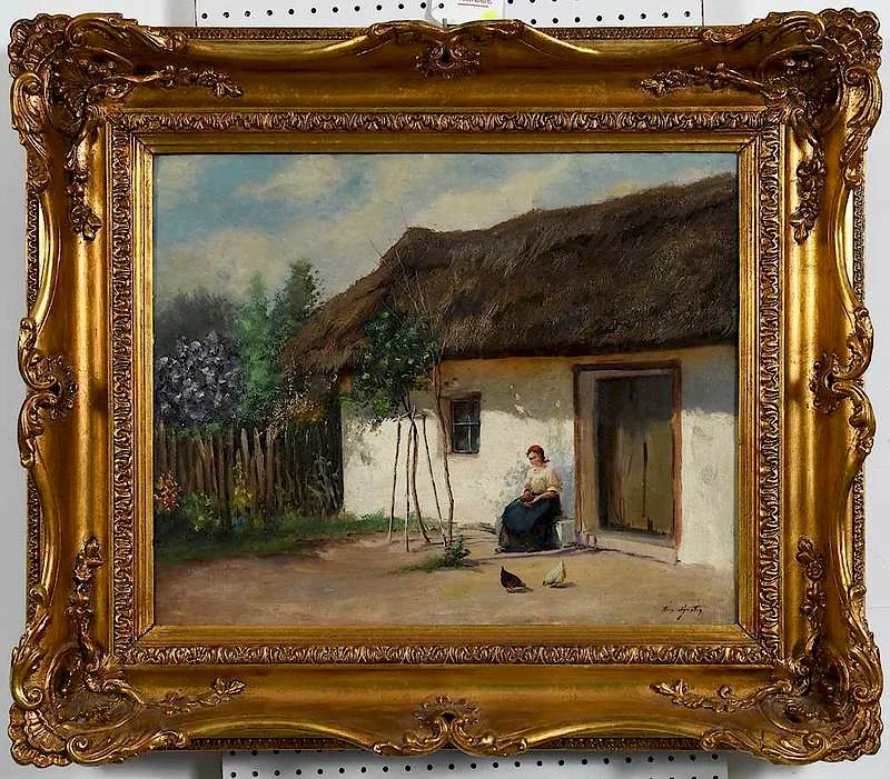 Acs Agostan, Feeding Chickens, oil on canvas