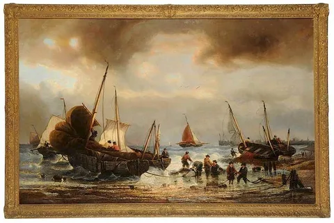 Fishermen Tying Off Boats on a Beach by François Musin, oil on canvas, sold Mar 2019