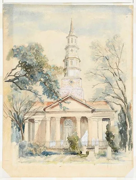 Old St. Phillips by Alfred Heber Hutty, circa 1950, watercolor and gouache on paper, sold Mar 2019