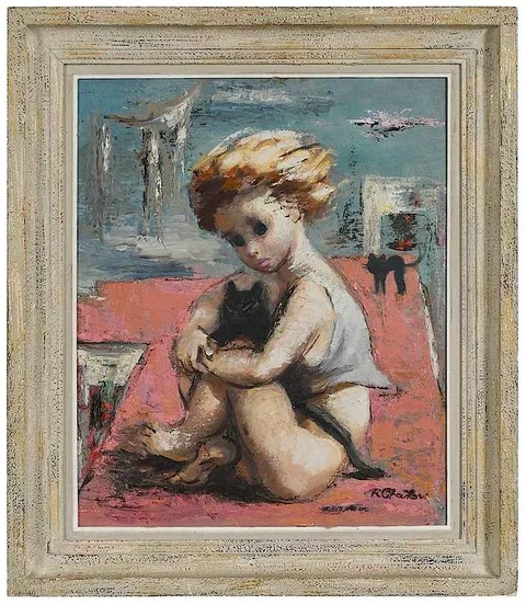 Roman Chatov, Child with Two Black Cats, oil on canvasboard
