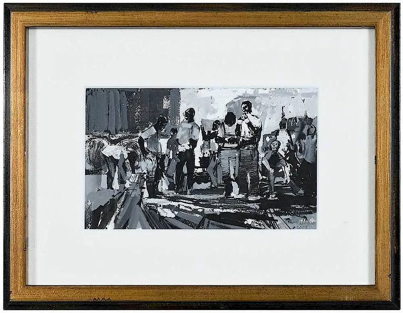 Workers by Timur Akhriev, 2008, gouache in grisaille, offered Mar 2019