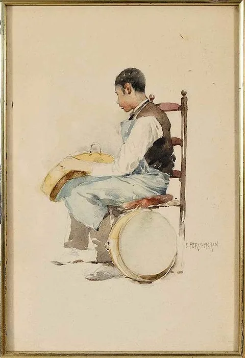 Edward Percy Moran, Black Boy Polishing Brass, watercolor on paper
