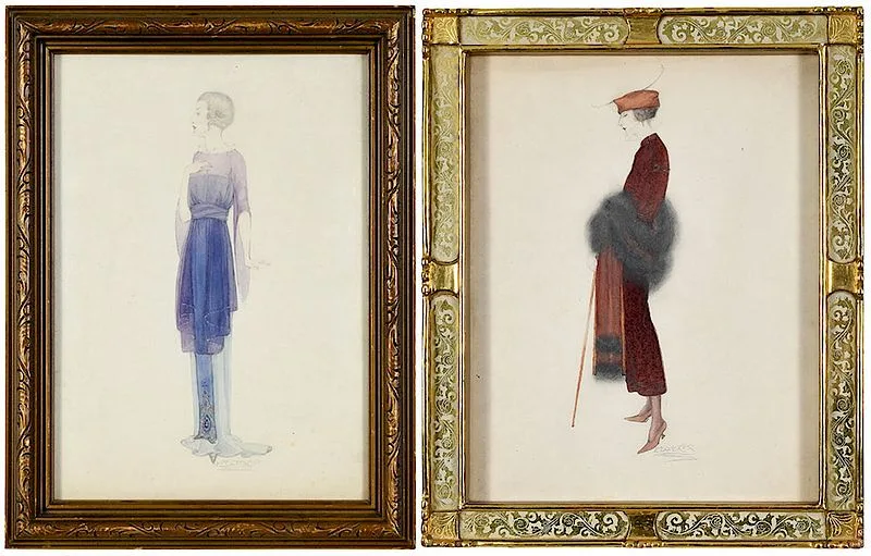 Ed Jones, Two women's fashion illustrations, circa 1930, watercolor and pencil on cream wove paper