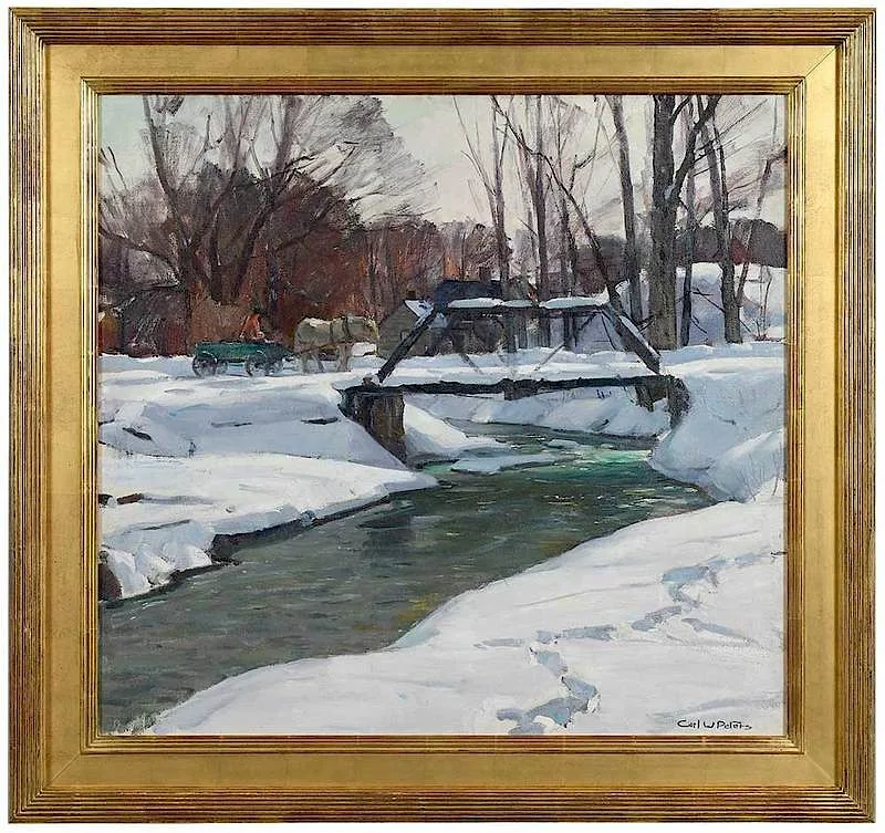 Crossing the Bridge by Carl W. Peters, oil on canvas, sold Mar 2019