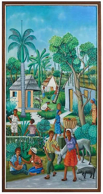 Louines Mentor, A Village Scene, oil on paperboard
