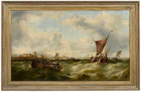 Clarkson Frederick Stanfield, Fishing in a Harbor with Choppy Seas, not apparently signed, oil on canvas