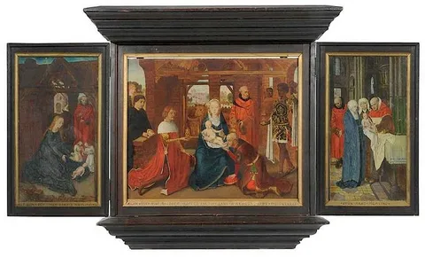 Hans Memling, Triptych of the Adoration of the Magi, after 1479 smaller version held by the Memling Museum, Sint-Janshospitaal, Bruges, oil or tempera on panel