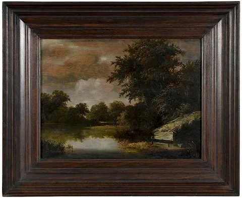 Meindert Hobbema, A Wooded River Landscape, oil on oak panel