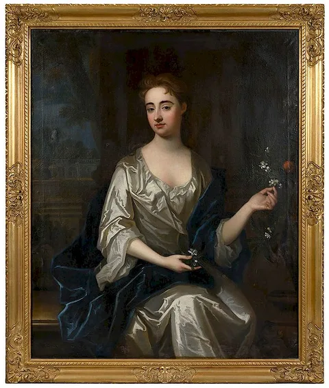 Sir Godfrey Kneller, Portrait of a Lady Holding an Orange Blossom Seated in a Portico with View of Garden, oil on canvas