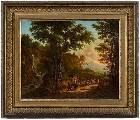 Jan Dirksz Both, Travelers on a Narrow Passage by a Waterfall, not apparently signed, oil on canvas