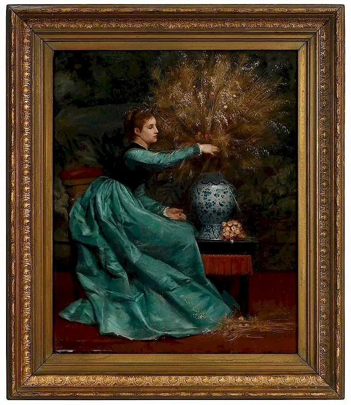 Eugène Verdyen, Lady Arranging Grasses, oil on panel
