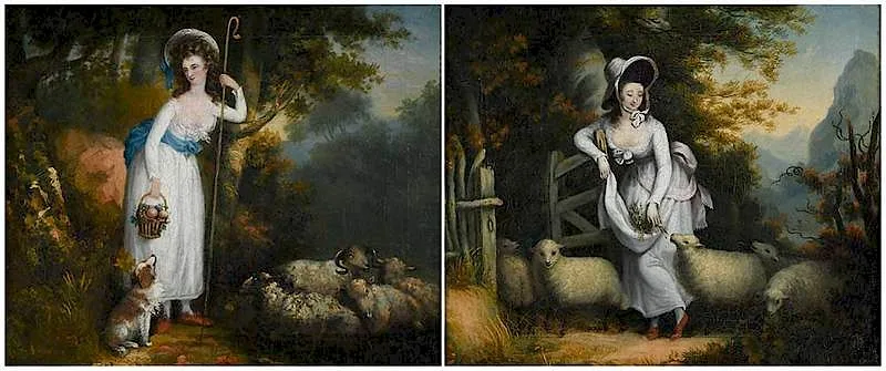 H. Arnold, Pair of Bucolic Scenes with Shepherdesses, one signed "H. Arnold, oil on canvas