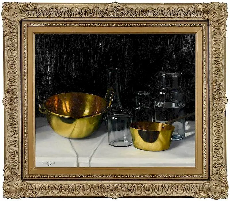 Árpád Romek, Brass and Glass Still Life, oil on canvas