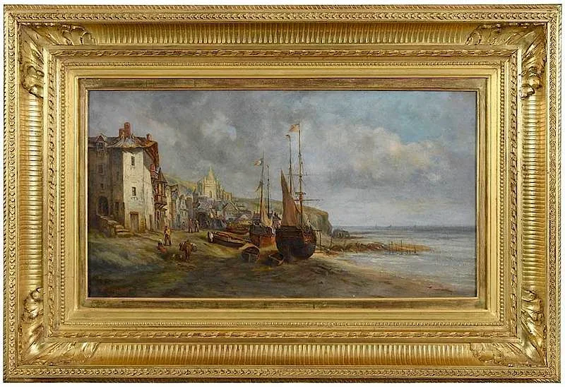 Adolphe Rouargue, Coastal Village with Beached Boats, oil on canvas