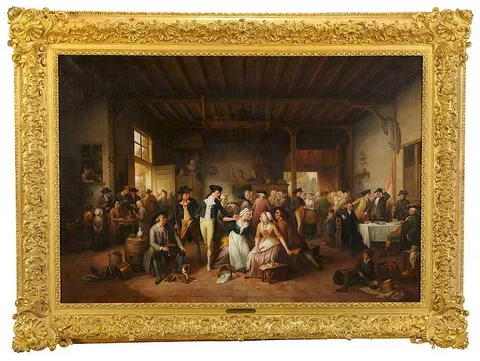 Le trouble-fête (scène flamande de la fin du XVIIIème siècle), after the 1852 work held by Le Musée royaux des Beaux-Arts de Belgique by Jean Baptiste Madou, oil on canvas, offered Mar 2019