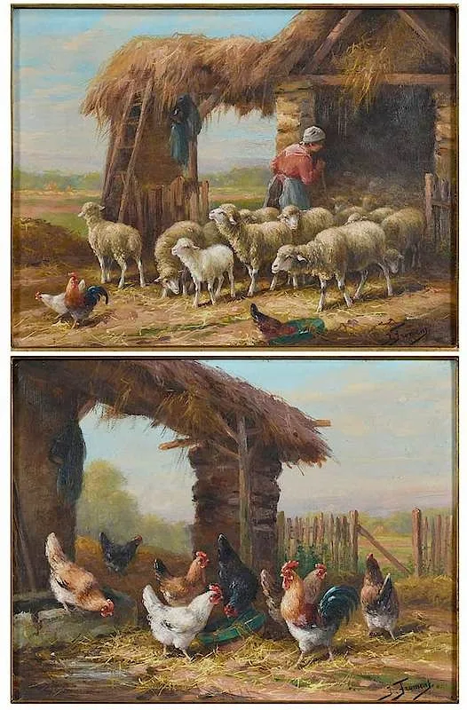 Jeanne Froment, Two farmyard scenes: Sheep with Shepherdess, Chickens, both signed lower right "J. Froment, oil on canvas