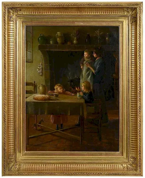 Gustave Surand, Mother and Children at Hearth Scene, oil on canvas