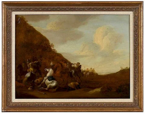 Jan Jacobsz. van der Stoffe, Cavalry Skirmish, oil on oak panel