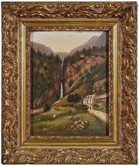 Hubert Sattler, House by a Waterfall, oil on panel
