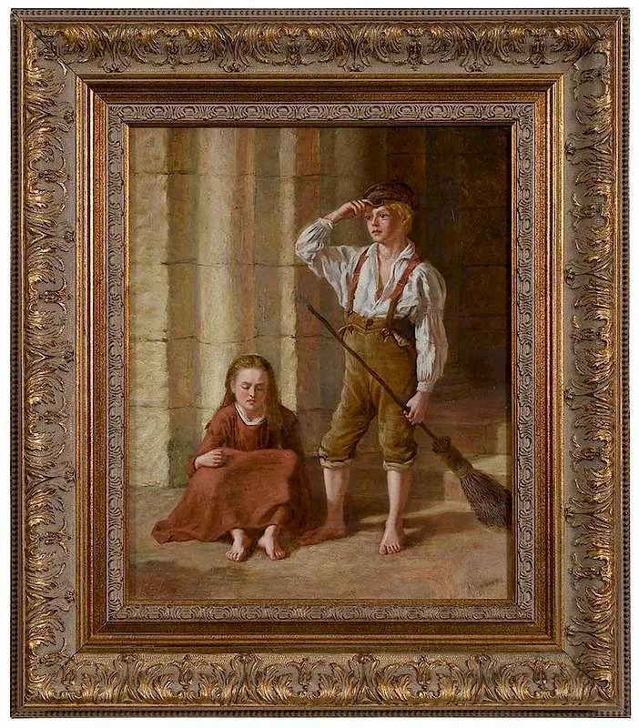 J. S. Dominy, Two Children at a Door Stoop, oil on canvas