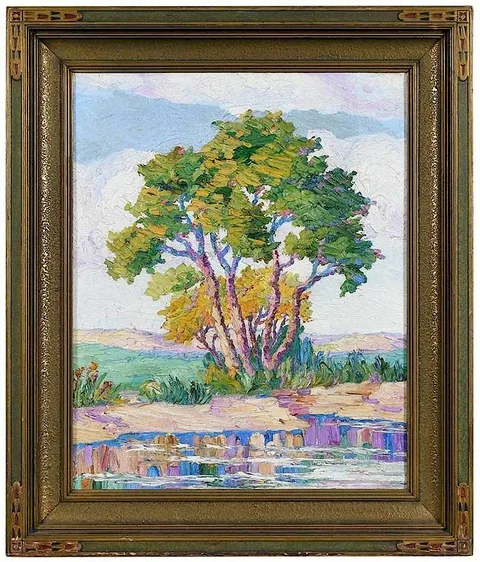 Birger Sandzén, Tree by the River, oil on board