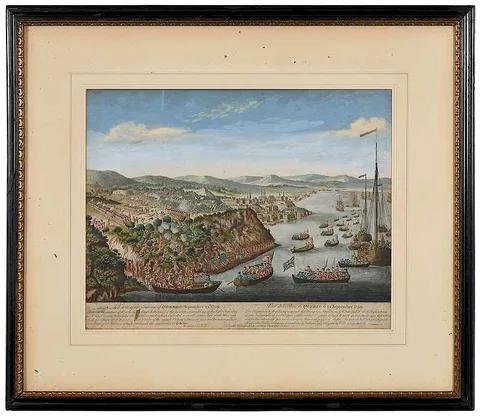 Captain Hervey Smyth, A view of the taking of Quebec, September 13th, 1759, hand-colored copperplate engraving on laid paper