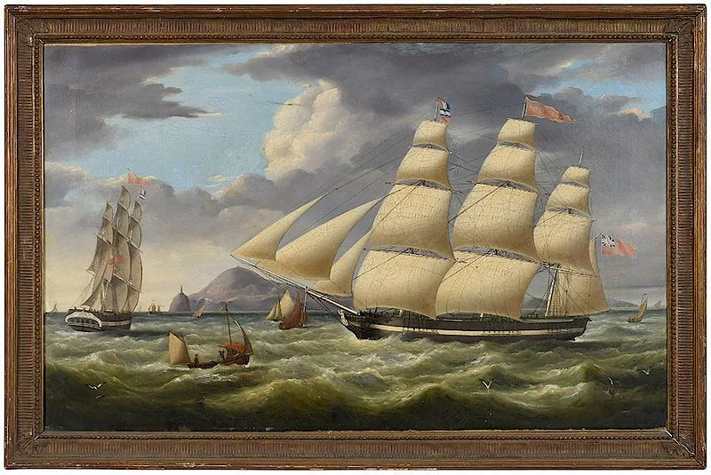 Miles Walters, The [Princess Charlotte] in Two Positions Inbound to Liverpool off the South Stack Lighthouse and the Holyhead Signal Station, circa 1830, oil on canvas