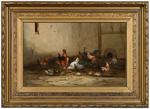 Farmyard with Guinea Fowl, Peacock, Chickens and a Duck by Claude Guilleminet, oil on canvas, sold Jan 2019