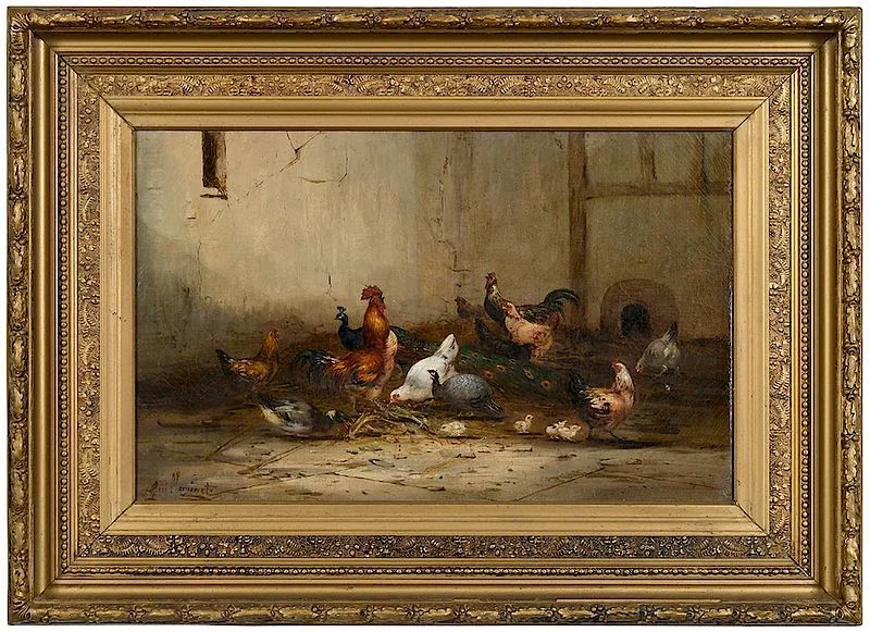 Claude Guilleminet, Farmyard with Guinea Fowl, Peacock, Chickens and a Duck, oil on canvas