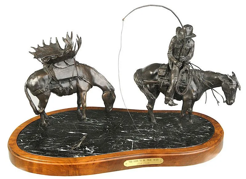 Bob Parks, Too Good To Be True, bronze on marble and wood base with plaque