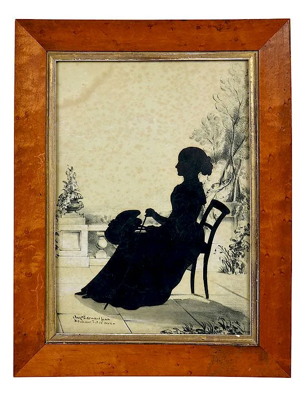 Auguste Edouart, New Orleans silhouette portrait of a seated woman overlooking a garden, cut out black ink paper applied to cream wove paper on lithographic background with watercolor