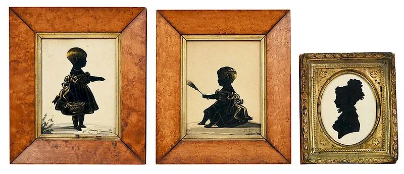 William J. Hubard, three portraits, comprising: pair sister portraits, standing girl in party dress, identified labeled as Sara Cox, "B. about 1834" and seated toddler, "Fanny Cox too young to stand", both black ink cut outs with gilt accents, watercolor and ink on cream wove paper