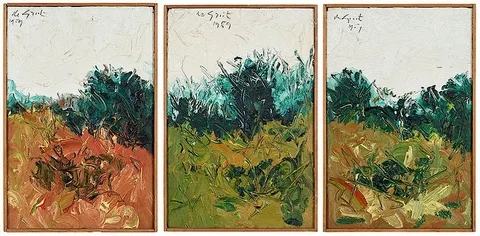 Nanno de Groot, Three abstract landscapes, Provincetown Field series, oil on plywood
