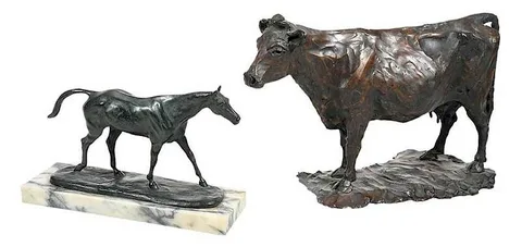 Gaston d'Illiers, Two sculptures: Horse, patinated bronze on marble base