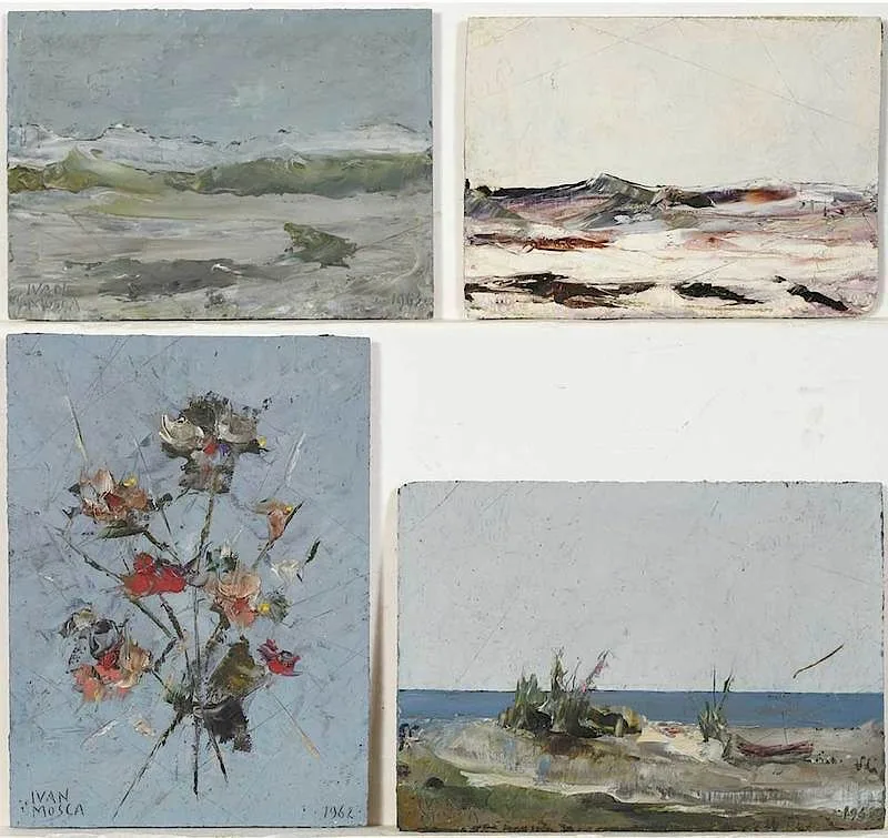Four miniature abstracts by Ivan Mosca, oil on panel, sold Jan 2019
