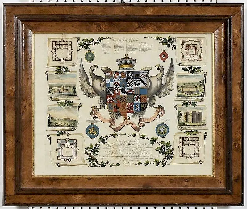 Joseph Edmondson, Heraldic Crest, for John Percival, Earl of Egmont... and Baron Lovel, surrounded by estate holdings in scroll cartouches, hand-colored engraving on laid paper